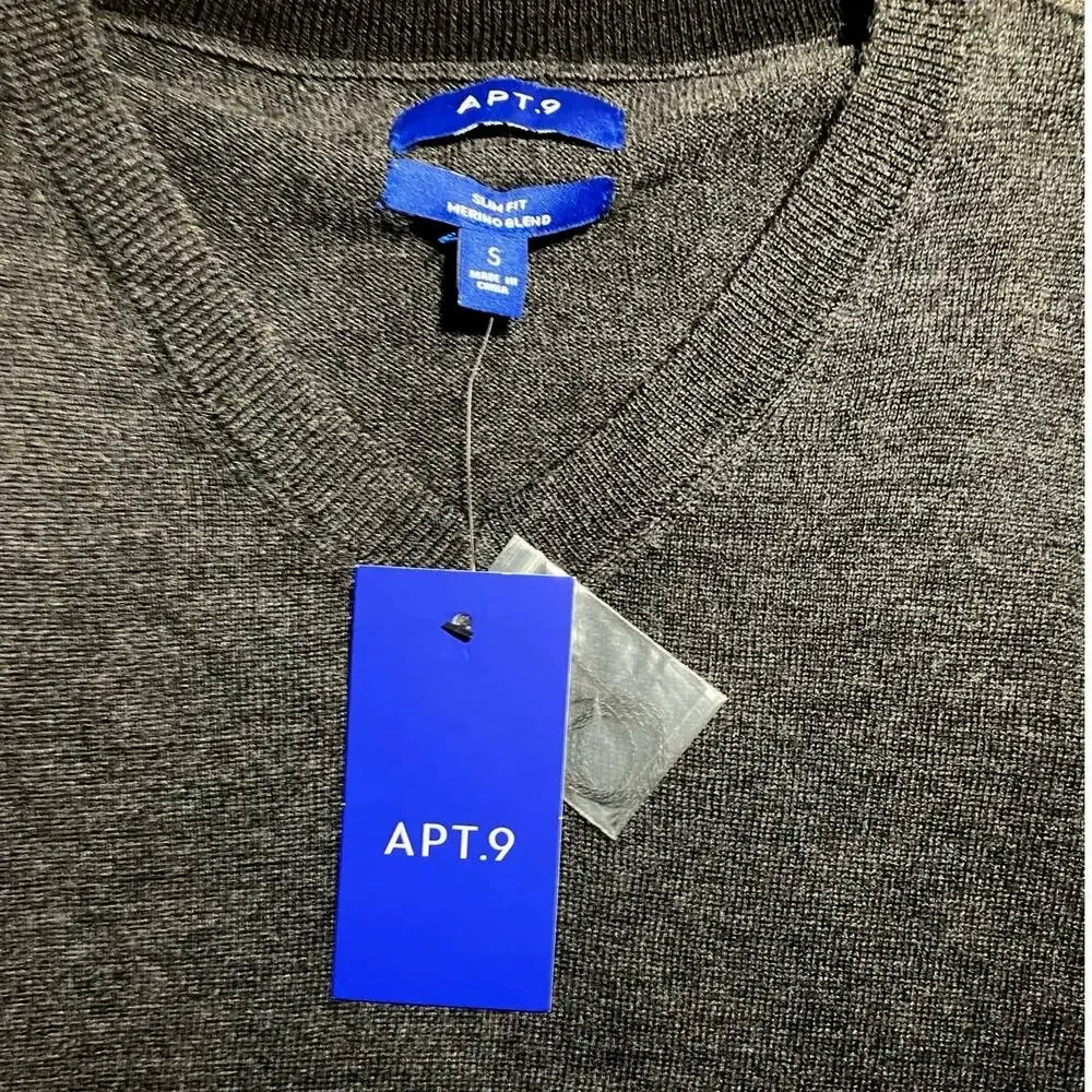 Apt. 9 Men's Dark Char Heather Slim Fit Merino Wool Blend V-Neck Sweater S NWT